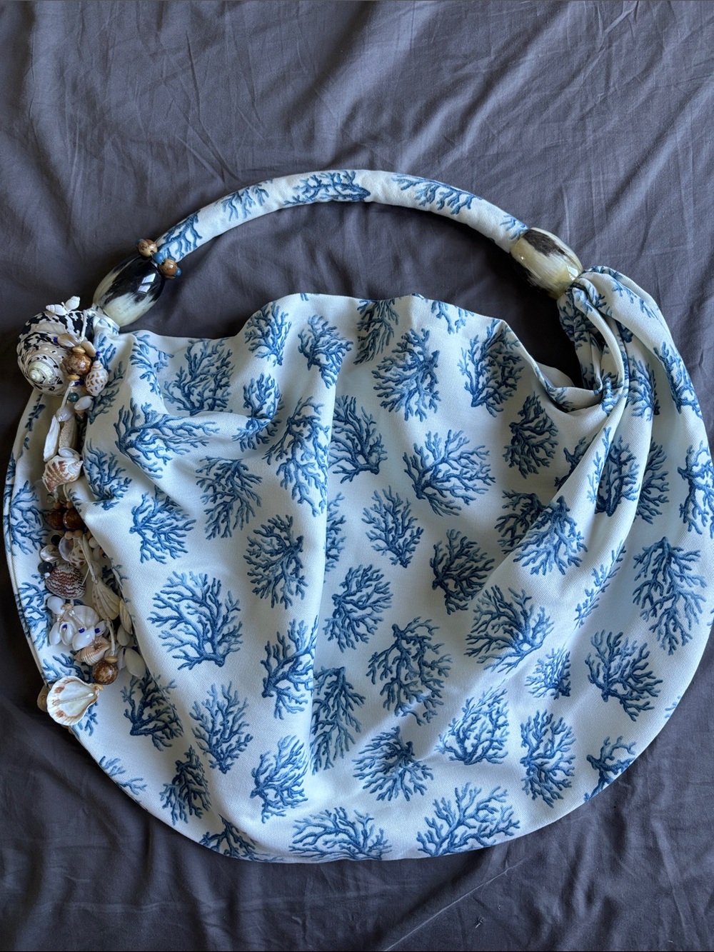 Blue Coral-Print Hobo Shoulder Bag with Shell Charms